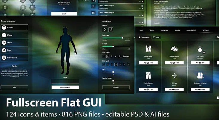 Fullscreen Flat GUI / UI Kit - transparent, rpg pack - Free UE5